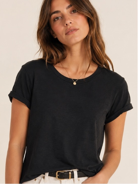Tops - Nation LTD Black Pima Cotton Rolled Sleeve Crew Neck Tee Large